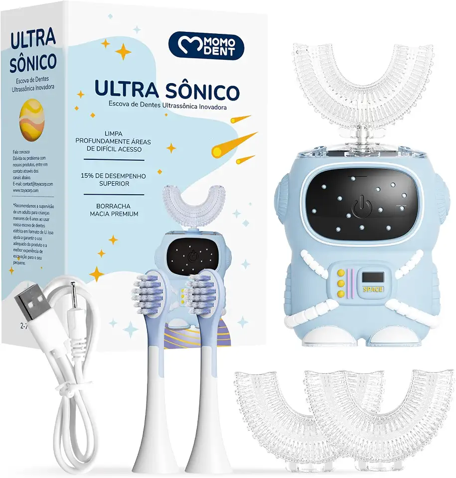MOMO DENT Escova de Dentes Elétrica Infantil Ultrassônica, 3-12 Anos, 2 Cabeças em U + 2 Tradicionais, Limpeza 360°, Silicone Macio Grau Alimentício, Segura e Atóxica, Recarregável (Azul)