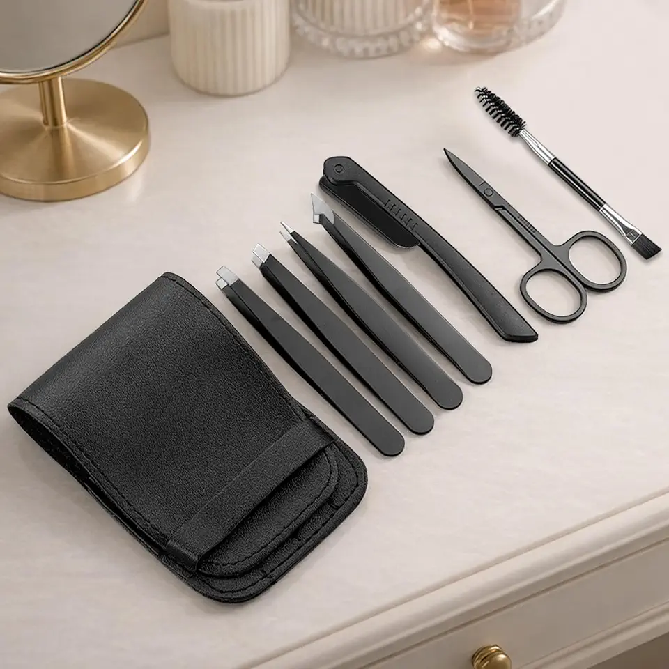 Conjunto profissional de 7 peças, pinças para sobrancelhas, pelos faciais, lascas e remoção de pelos encravados, ponta de precisão com bolsa de viagem, presente para mulheres e homens