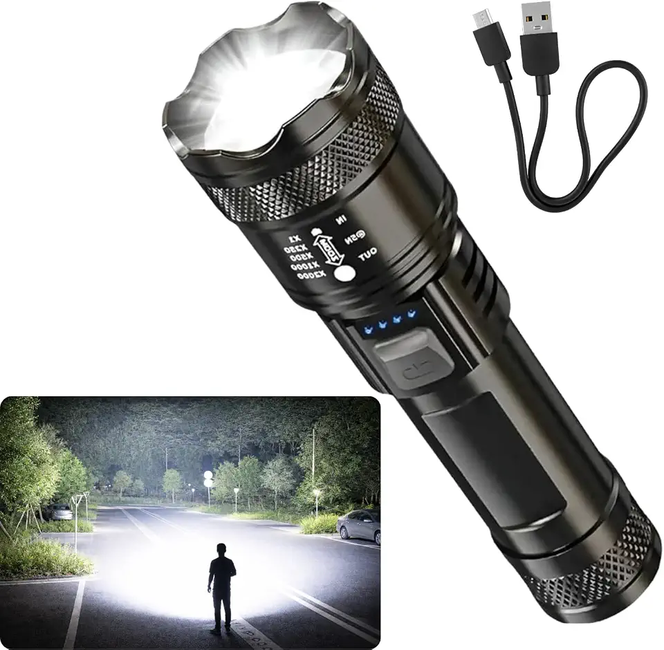 Lanterna T9 Tática LED Recarregável Alta Potência 1200 Lumens Zoom Ajustável Profissional - 3 Modos de Iluminação Longo Alcance - Camping Trilhas Emergência Resistente e Compacta