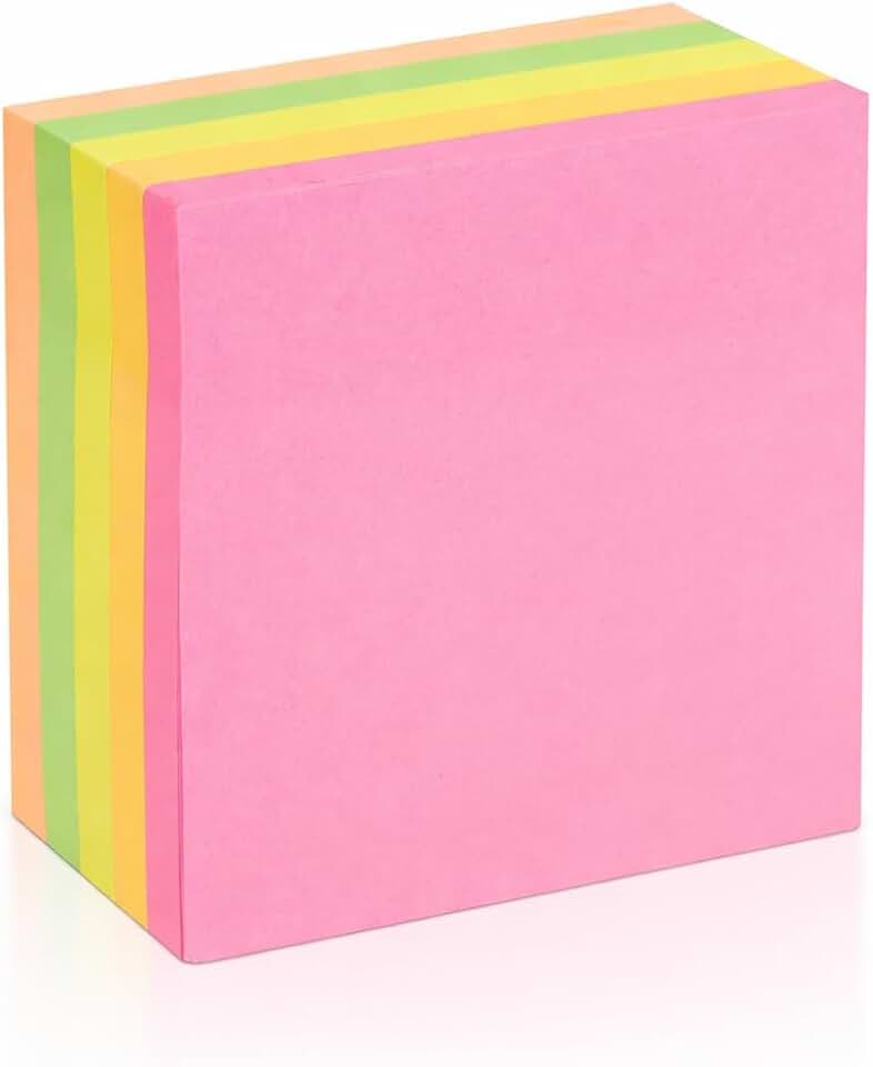 Bloco de Notas Adesivas Coloridas, 100 Folhas, 5 Cores Vibrantes, 7,6 cm x 7,6 cm, Quadrado, para Organização, Estudos e Escritório