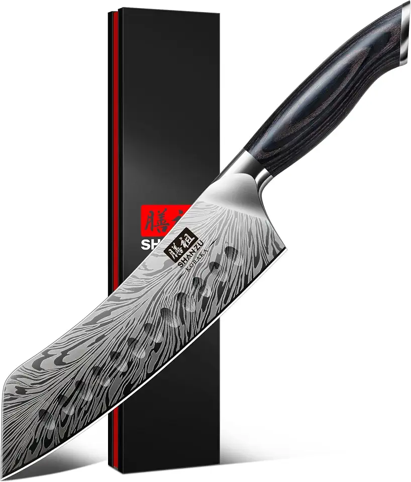 SHAN ZU Faca de chef de 18 cm em aço em pó, faca Santoku japonesa ultra afiada, facas de cozinha profissionais de alto carbono com cabo ergonômico Pakkawood, facas utilitárias para carne e vegetais