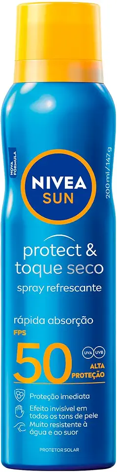 NIVEA SUN Protetor Solar Spray Protect & Toque Seco FPS 50 200ml, Alta Proteção UVA/UVB, Efeito Invisível, Rápida Absorção, Ação Refrescante