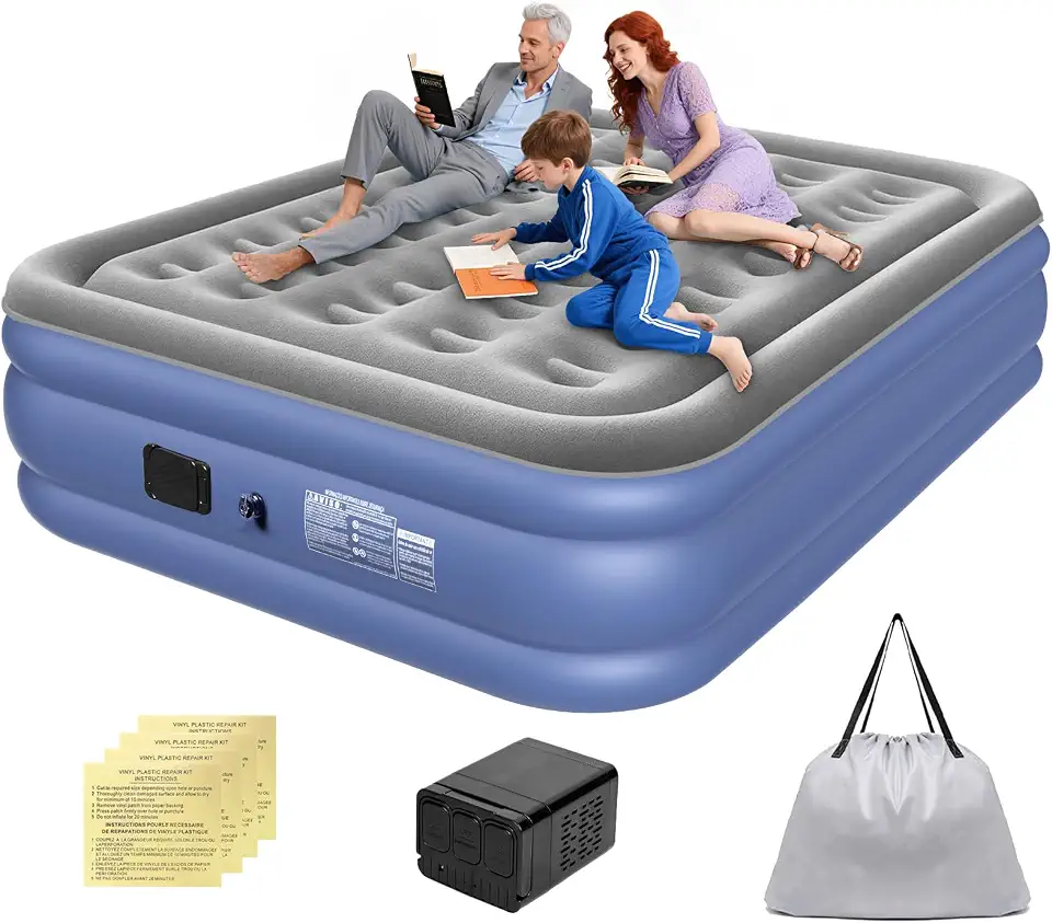 Trailabo Colchão Inflável Queen Size com Bomba de Ar Elétrica Integrada, Infiação e Deflação Rápidas e Automáticas, Recarregável, para Famílias e Camping, Cinza-Azulado