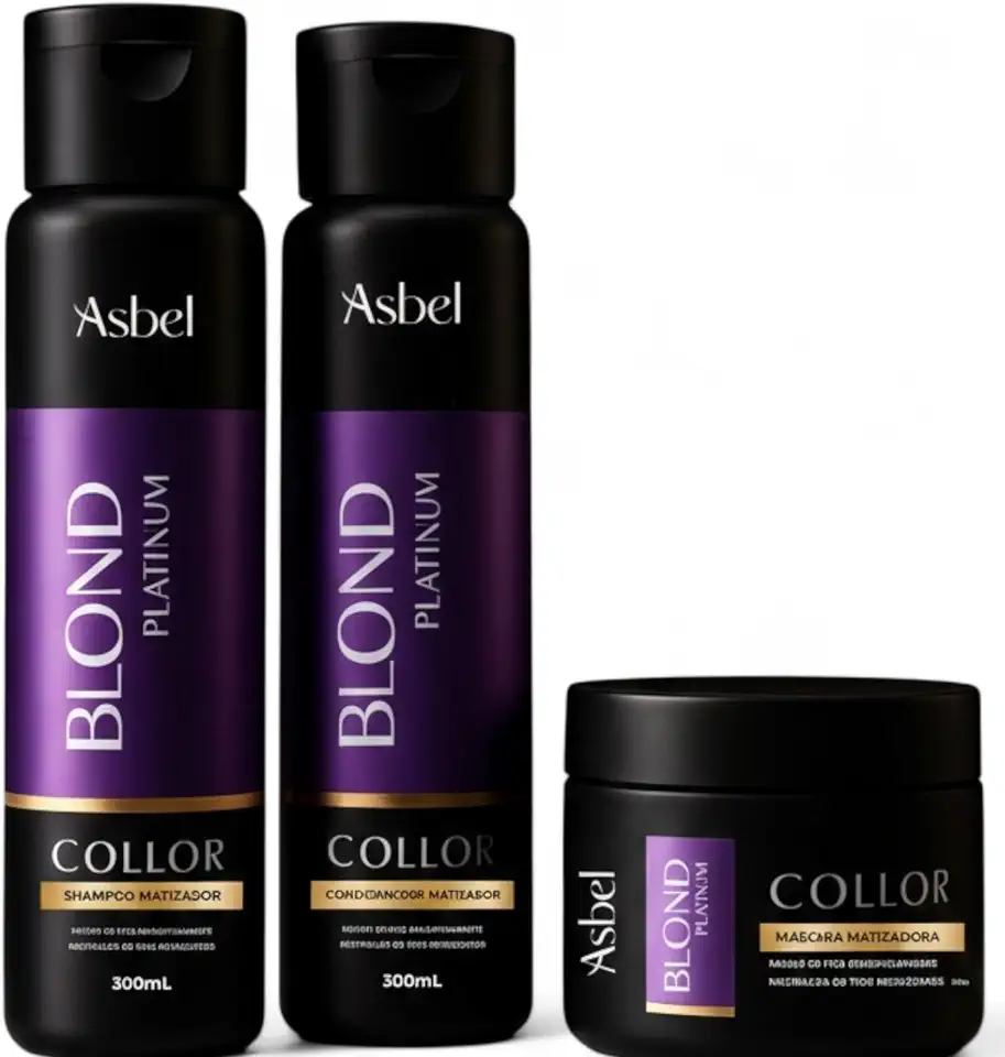 Kit Shampoo Matizador Blond Platinum Asbel – Shampoo 300ml + Condicionador 300ml + Máscara 300g – Efeito Platinado