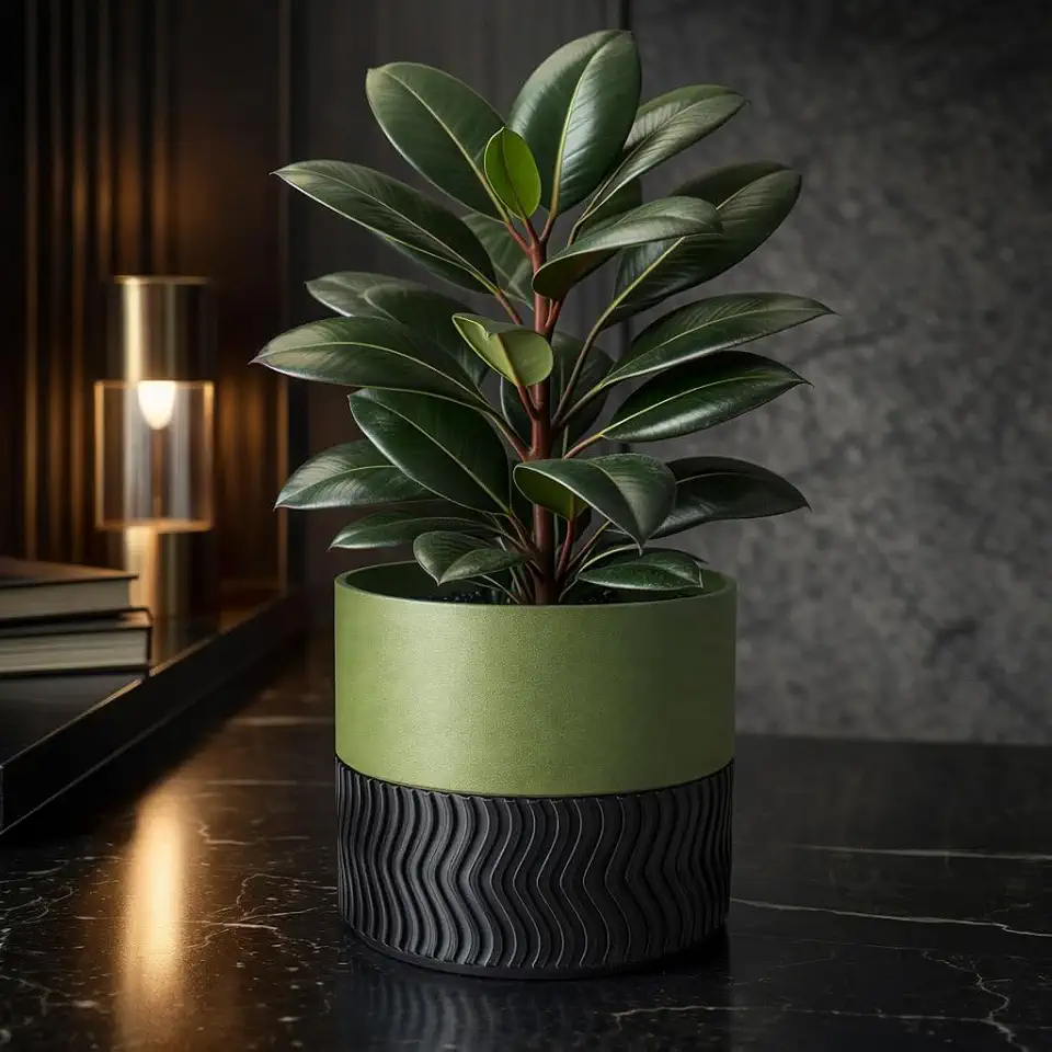 Vaso de Plantas Moderno com Base Texturizada, Verde e Preto, Design Ondulado, Decoração de Interiores