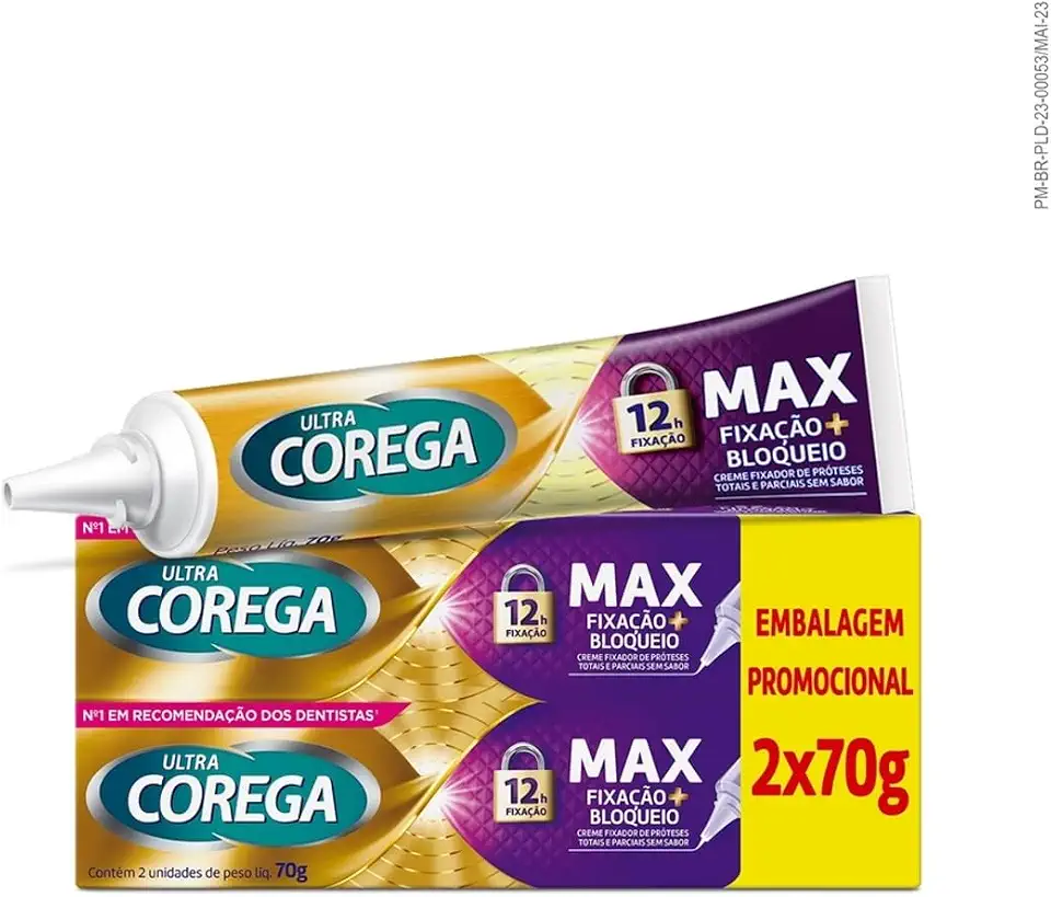 Corega Ultra Creme Fixador de Dentadura e Próteses, Sabor Menta, Forte Fixação por até 12h, Kit 2 Unidades 70g cada