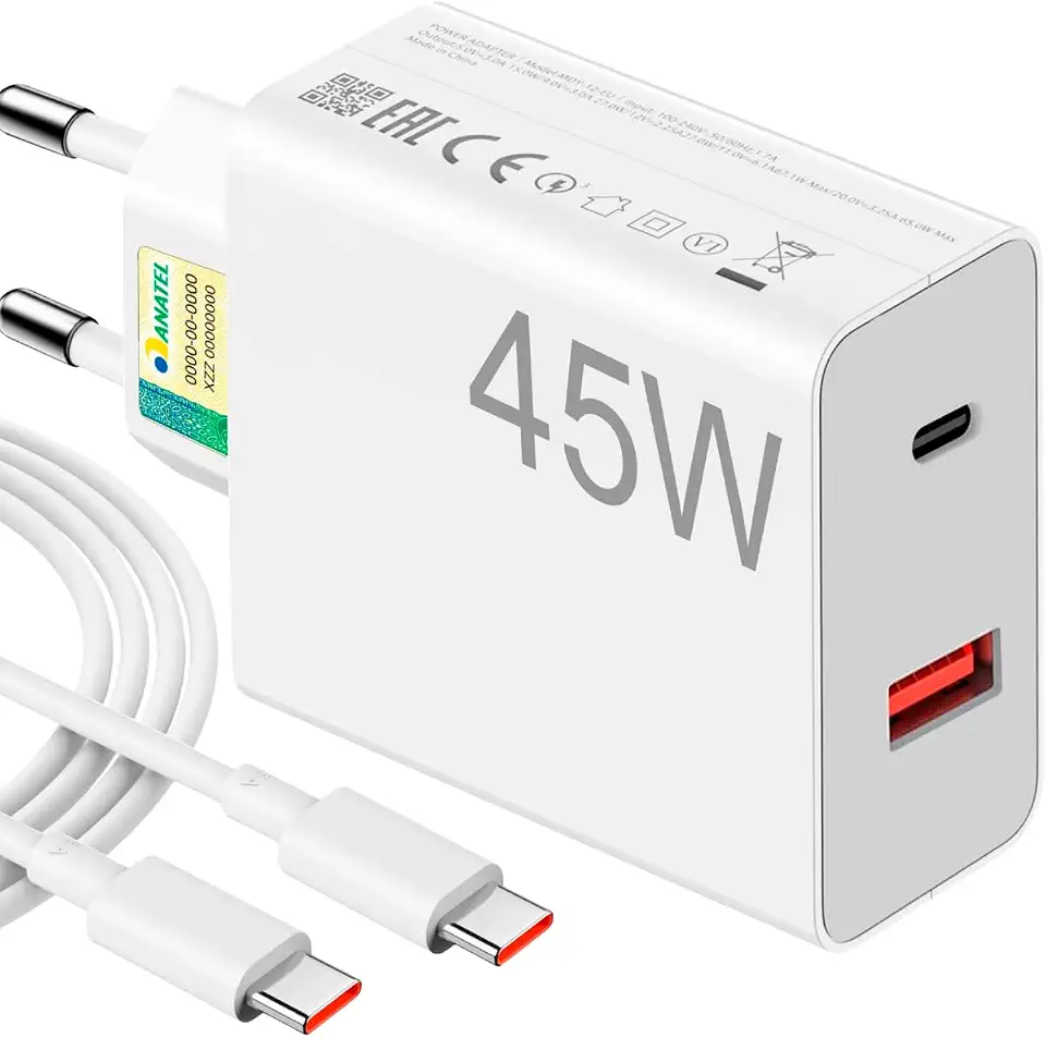 Carregador Turbo 45W Ultra Rápido Tipo C e USB Com Carregamento Rápido + Cabo Tipo C Compatível Com Todos Os Dispositivos, Android, Ios 15/16, Xiaomi - Todos Dispositivos Celulares