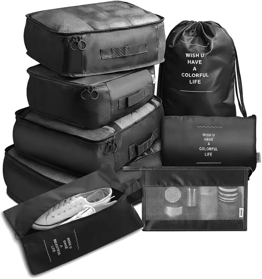 Kit Organizador de Mala para Viagem 8 Peças – Bolsas Organizadoras de Roupas, Sapatos e Acessórios (Preto)
