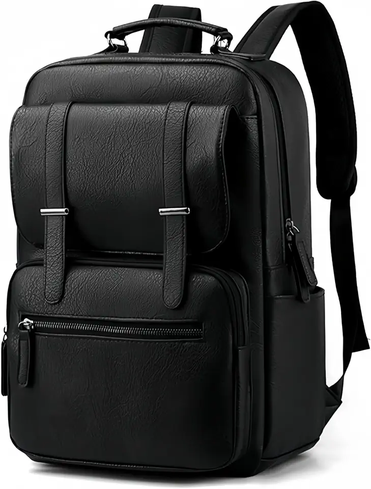 Mochila de Couro Sintético para Adulto, Cabe Notebook de 15,6 Polegadas