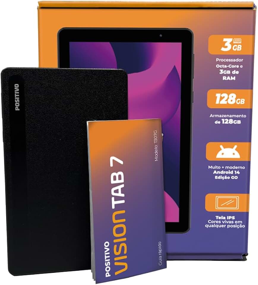 Tablet Positivo Vision TAB 7 3GB RAM 128GB Octa-Core Android 14 Go Wi-Fi - Tela 7” IPS – 3100mAh – Preto