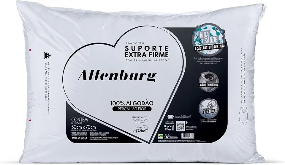 Travesseiro Suporte Extra Firme Altenburg Extra Branco Capa Percal 180 Fios 100% Alg./ Recheio 100% fibra de poliéster