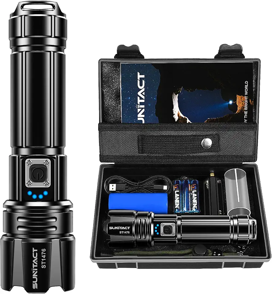 Sunitact Lanterna Led Recarregável, Lanterna Tatica Militar 10000 Lumens XHP70.2 Lanterna a Pilha, USB Lanternas Taticas Super Potentes Led Recarregavel, Ideal Para Camping, Pesca e Emergências
