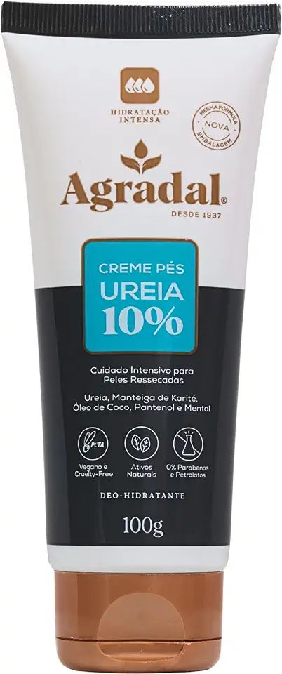 Agradal, Creme Pés Ureia 10% Hidratação Intensa, Cuidado Intensivo para Peles Ressecadas, com Ureia, Manteiga de Karité, Óleo de Coco, Pantenol e Mentol, Deo-Hidratante, 100g, Branco e Dourado
