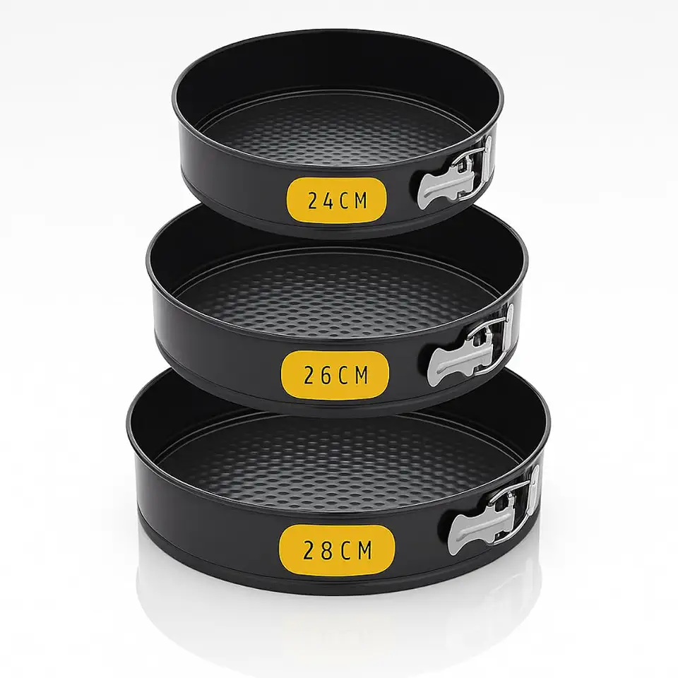 Kit 3 Formas Redondas com Fundo Removível e Trava Lateral Assadeira para Forno Antiaderente Revestimento Teflon Bolos Tortas e Quiches Premium Profissional 24 26 28 cm