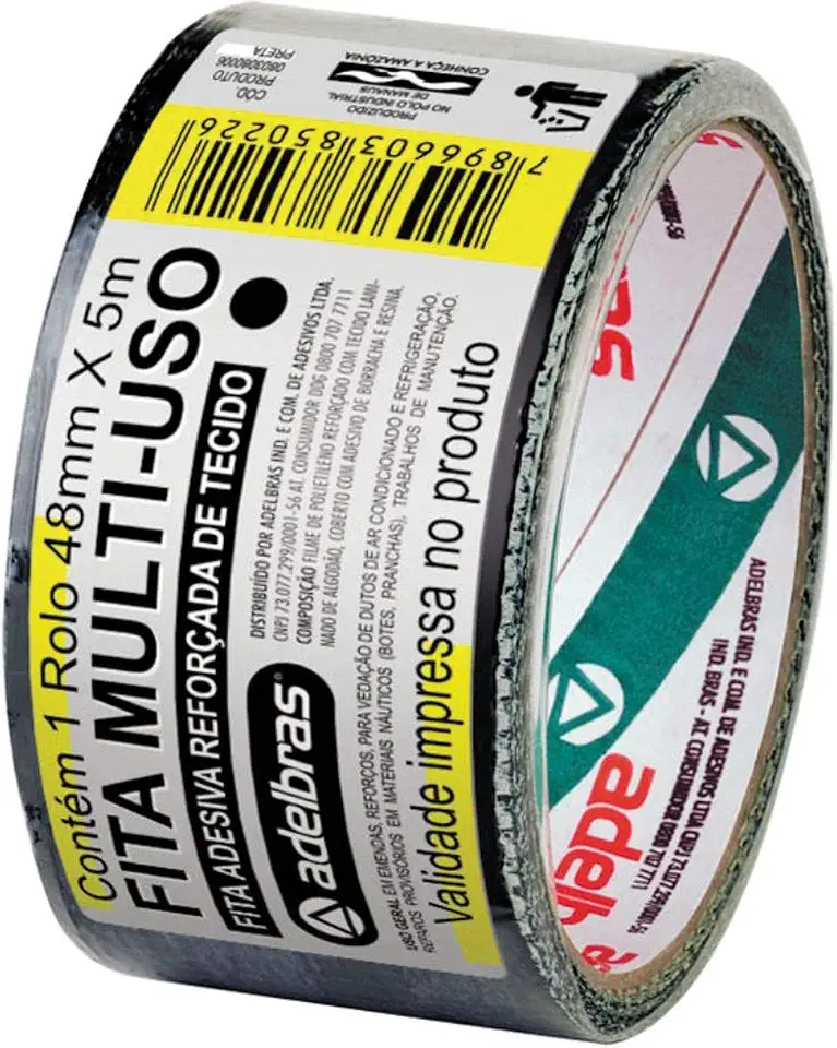 Adelbras Silver Tape Fita Adesiva Reforçada Multiuso de Tecido, Preto, 48 mm x 5 m