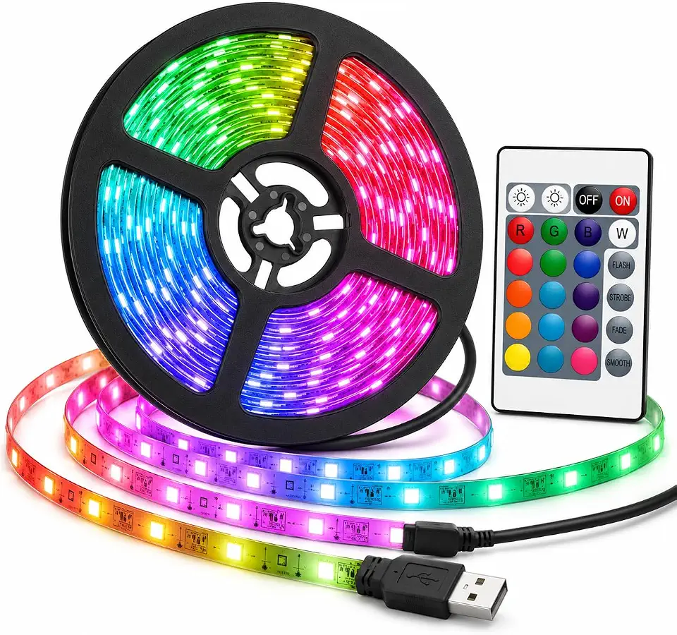 Fita LED RGB 3 Metros 5050 com Controle Remoto, Fonte Bivolt, 16 Cores, 300 LEDs, IP65, Fita de Luz Colorida Adesiva para Quarto, Sala, TV, Teto, Setup Gamer e Decoração