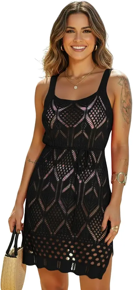 Saída de Praia Feminino Vestido Curta Alça Crochê Tricô com Cinto e Fenda, Saida de Banho Canga Piscina Elegante Luxo