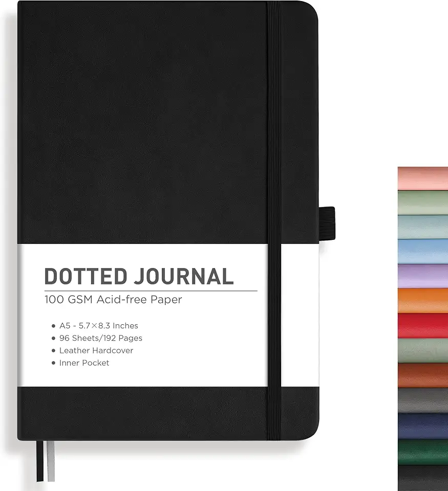 RETTACY Caderno de diário pontilhado, 192 páginas, tamanho médio A5 (14 x 21 cm), capa dura de couro, papel grosso 100 GSM, para diário de balas, planejamento, rastreamento (preto)
