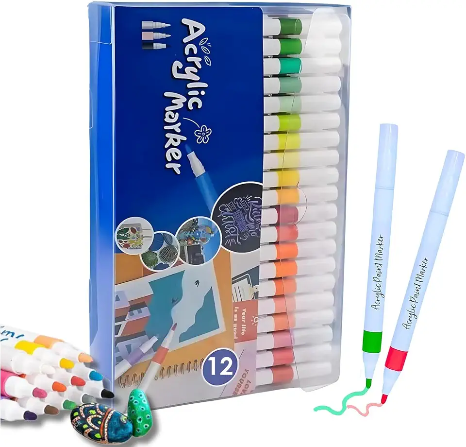 Conjunto de Canetas Acrílicas Triangulares para Artesanato – Marcadores de Tinta Acrílica para Pintura em Pedra, Madeira, Tela, Vidro e Cerâmica – Kit 12/24/36/48 Cores para Crianças e Adultos (12)