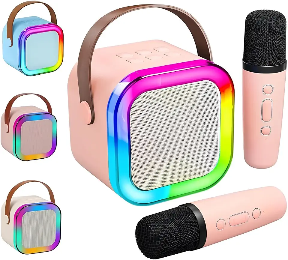 Caixa de Som Karaokê 02 Microfones Premium Portátil Sem Fio - com Luzes LED RGB e Vozes Auto Tune - Envio de Cores Sortidas Previamente Testados