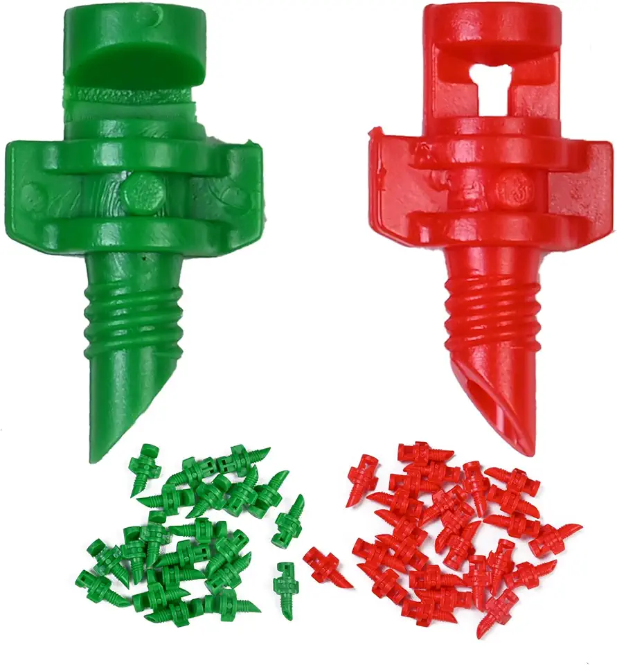 Bico Micro Aspersor Spray Estático para Irrigação de Jardim Kit com 100 Peças Sistema de Rega Uniforme Alta Eficiência para Plantas Gramado e Hortas(50Vermelho/360º,50Verde/180º)