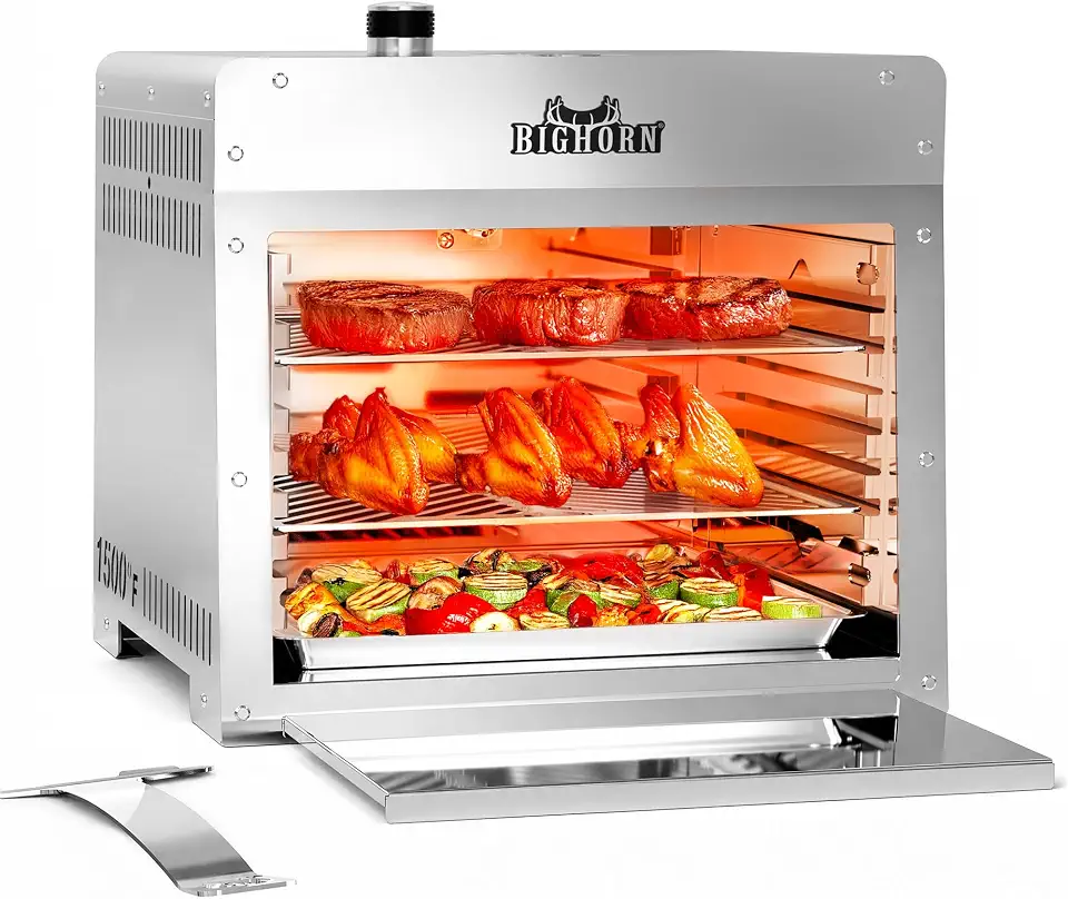 BIG HORN Churrasqueira a gás propano infravermelho 815 °C para ambientes externos como visto na TV – Grelha portátil e estação Sear, churrasqueira salamandra externa, aço inoxidável, 40,6 cm