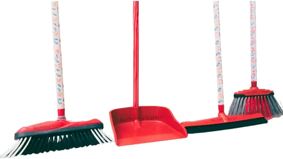 Kit Vassoura Multiuso, Rodo Duplo Grande, Vassoura de Pelo e Pá de lixo todos com Cabo