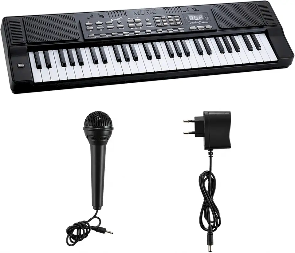 Teclado Musical Eletrônico Queen's 54 Teclas com Microfone, 200 Timbres, 200 Ritmos, Gravação, Modos Learn, Display LED, Iniciantes e Intermediários