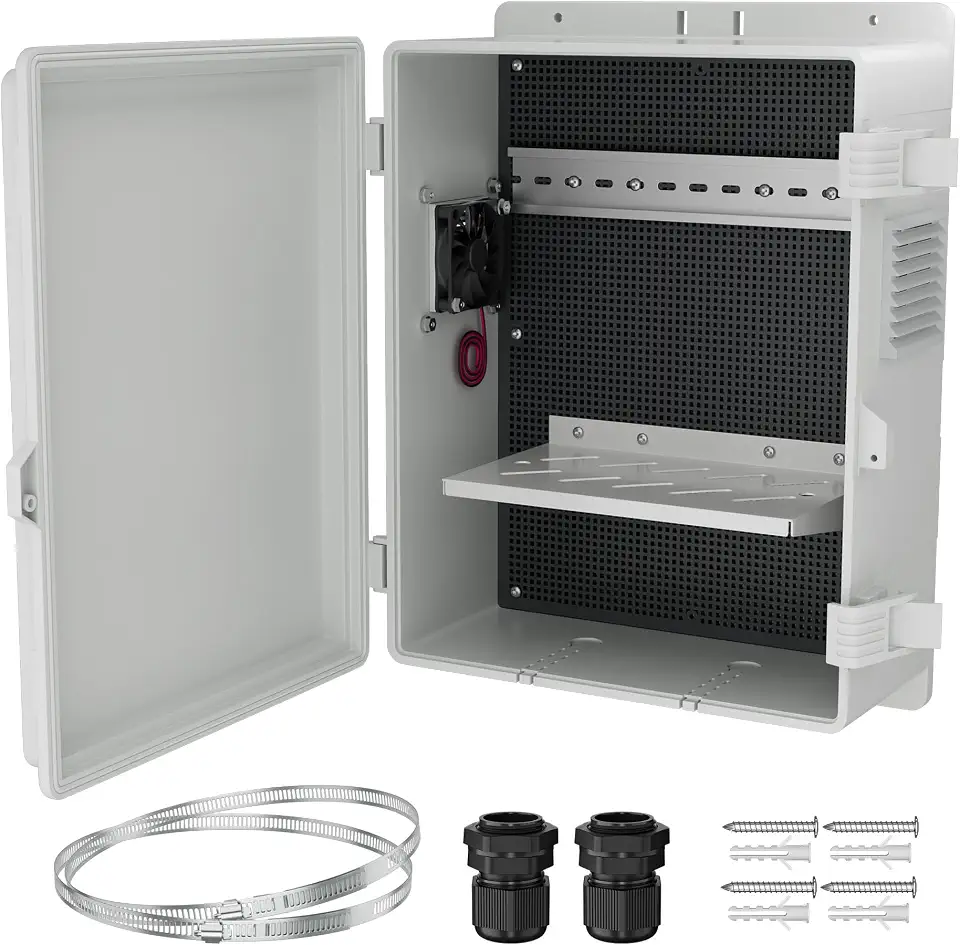 Joinfworld Caixa Elétrica Externa Branca À Prova D'Água Nema, 16X11X6, Caixa de Plástico Para Wi-Fi com Ventilador E Tela Contra Poeira.