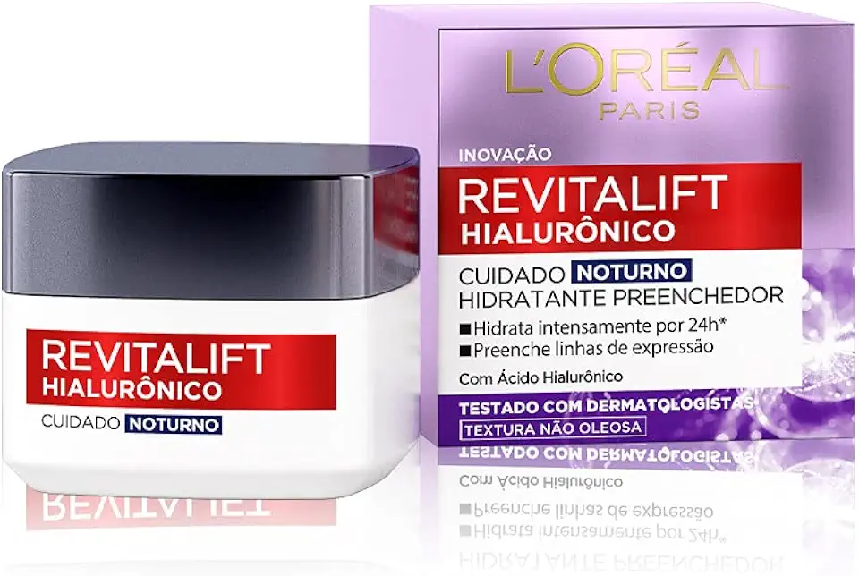 L'Oréal Paris Revitalift Hialurônico Creme Facial Noturno, com Ácido Hialurônico Puro, Com textura leve, preenche linhas de expressão e hidrata a pele intensamente por 24h, 49g