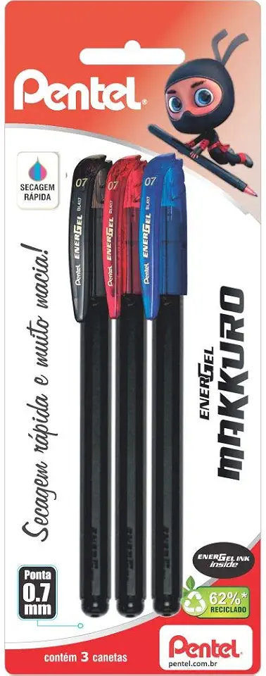 Pentel Caneta Gel Energel Makkuro 0.7mm Kit 3 Cores Tintas Azul Preto e Vermelho SM/BL417-ABC