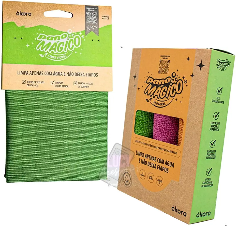 01 Pano Mágico Limpa Vidros Ecomais 40x40cm - 01 Kit 3 Pano Mágico Uso Geral 30x30cm Cores Sortidas
