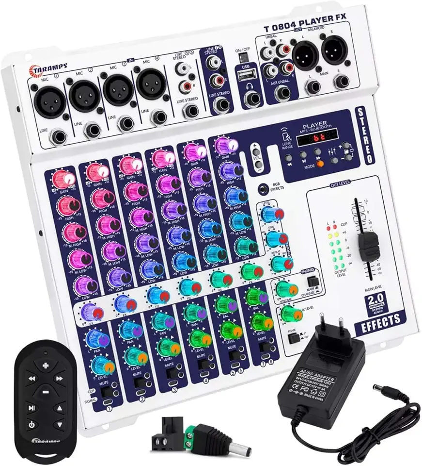 Taramps Mixer Mesa de Som 8 canais T 0804 Player Stereo Equalizador 4 Bandas Usb Bluetooth Com Led Rgb Efeitos Echo e Reverb Casa de Show Bares DJs Banda Som Automotivo Profissional Igrejas