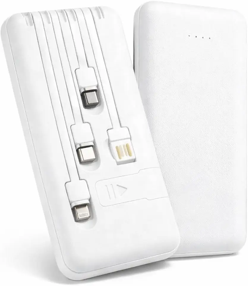 Power Bank Carregador Portátil Universal 10000mAh com Cabos Integrados USB-A, USB-C (Type-C), Micro-USB e USB-Light Carregamento Rápido Bateria Externa Compacta para Celular Android iOS
