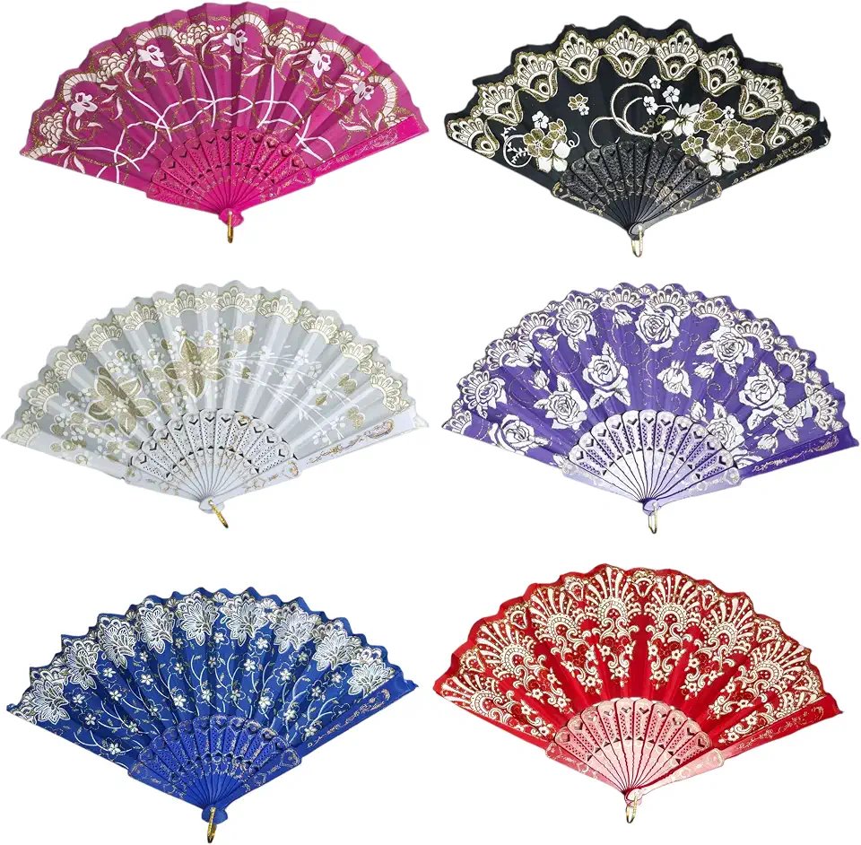 Leques Mão Estilo Espanhol Elegantes e Coloridos com Renda e Estampa Floral para Decoração e Festas Calor Dias Quentes (PRETO)