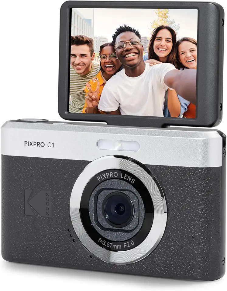 KODAK Câmera digital com zoom PIXPRO C1 Black – 13 MP compacta aponte e fotografe com tela flip LCD de inclinação de 2,8 polegadas 180°, design retrô vintage com zoom 4X e vídeo Full HD 1080p