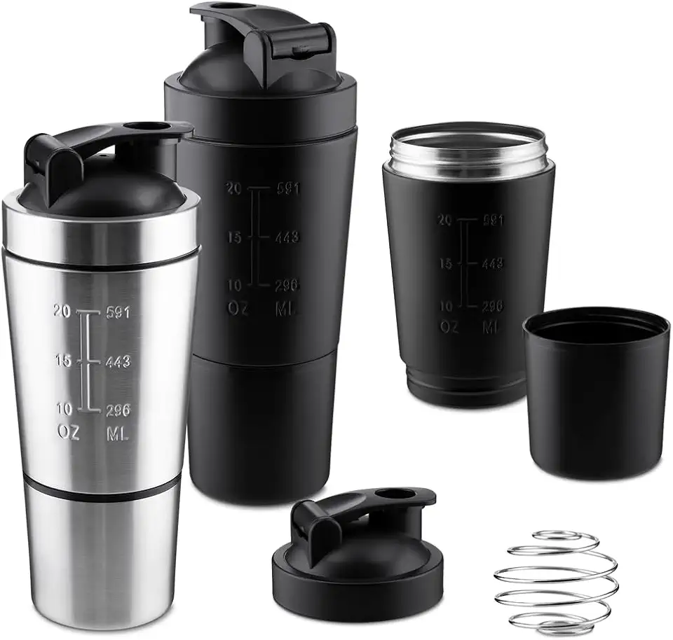 Shaker Coqueteleira 750ml em Aço Inox com Mola Misturadora, Compartimento Extra 200ml e Medidor, Ideal para Whey Protein e Suplementos
