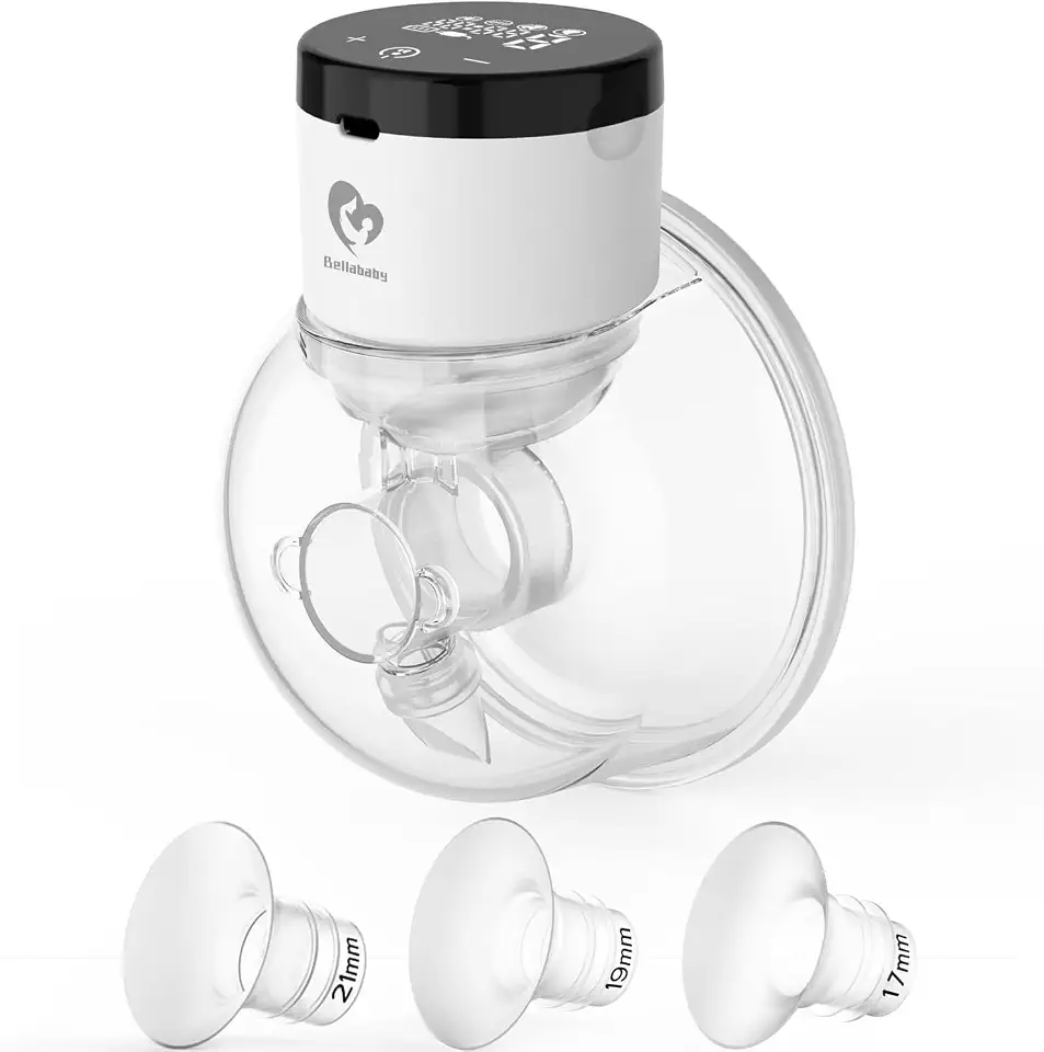 Bomba tira leite elétrica Bellababy vestível mãos-livres, bomba dupla sem fio atualizada com flange confortável, inserções de 17 mm, 19 mm e 21 mm, 4 modos e 9 níveis, bomba elétrica portátil, visor inteligente, 24 mm, pacote com 1 unidades