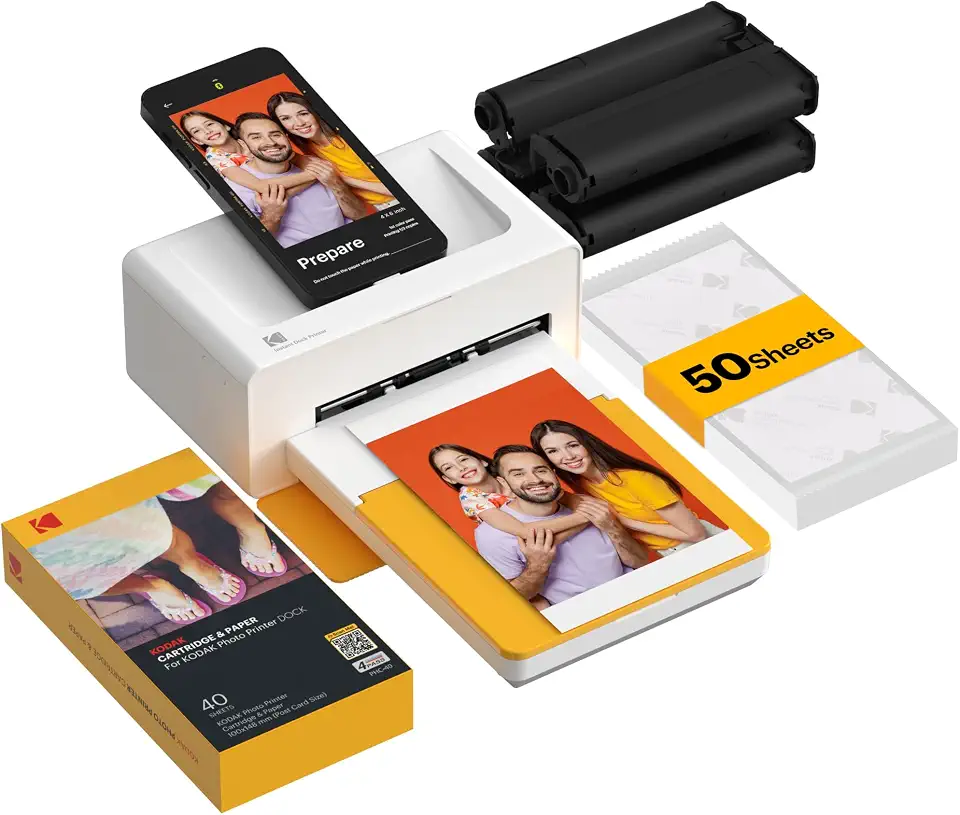 KODAK Dock Plus Impressora fotográfica de 10 x 15 cm, 50 folhas, ancoragem e impressora Bluetooth para iPhone e Android, impressões coloridas instantâneas, sublimação de tinta 4PASS