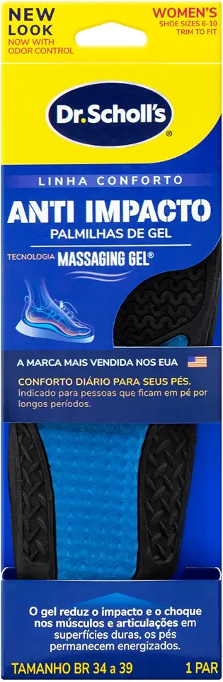 Palmilha Dr. Scholl’s Anti Impacto – Calçados 34 ao 39 - Ondas de Gel para Amortecimento Avançado, Conforto Adaptável e Suporte Diário