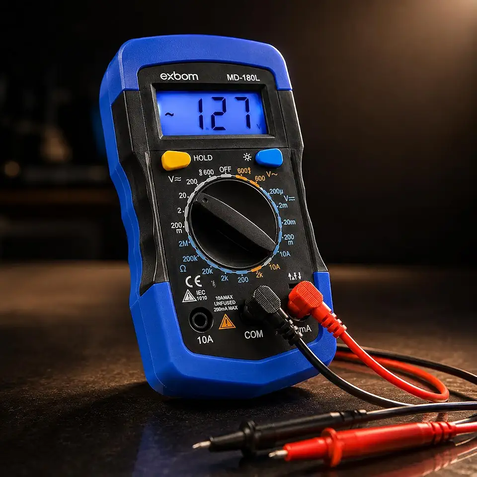 Multímetro Digital Profissional Auto Range com LCD Iluminado, Mede Tensão AC/DC 600V, Corrente, Resistência e Continuidade com Bipe, Portátil com Pontas e Bateria Inclusa