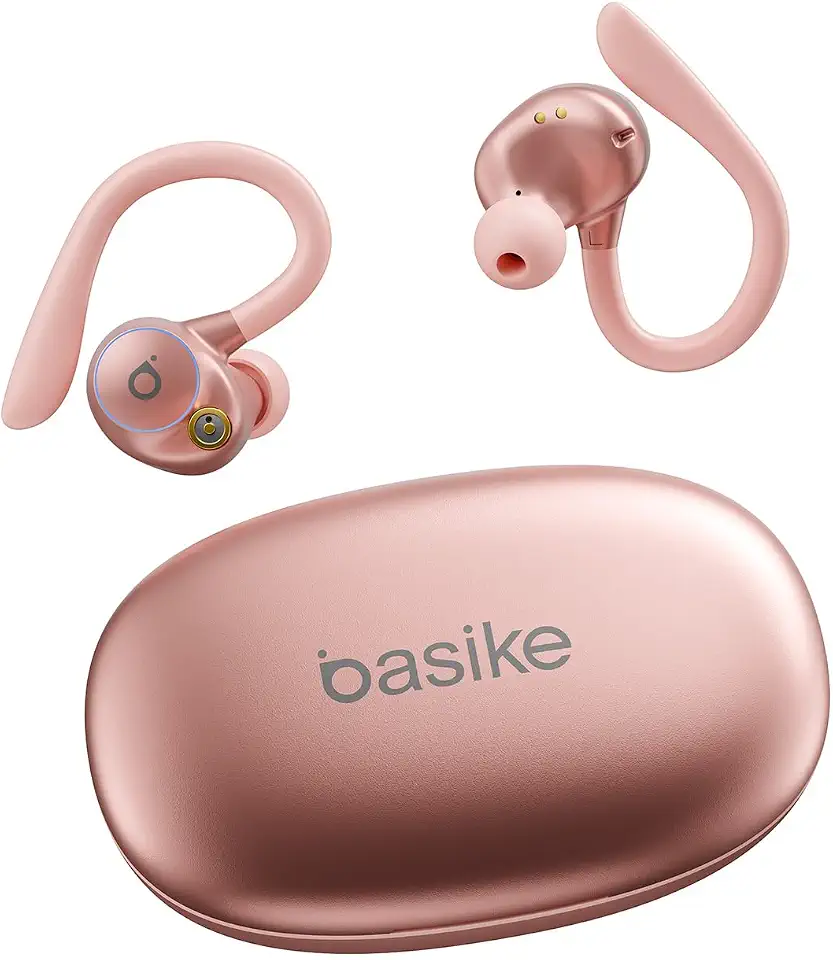 Basike Fone de Ouvido Esportivo com Bluetooth 5.4, TWS Intra-Auricular com Som de Alta Fidelidade, ENC para Chamadas Claras, 3 Tamanhos de Pontas para Corrida e Treino – Ouro Rosa