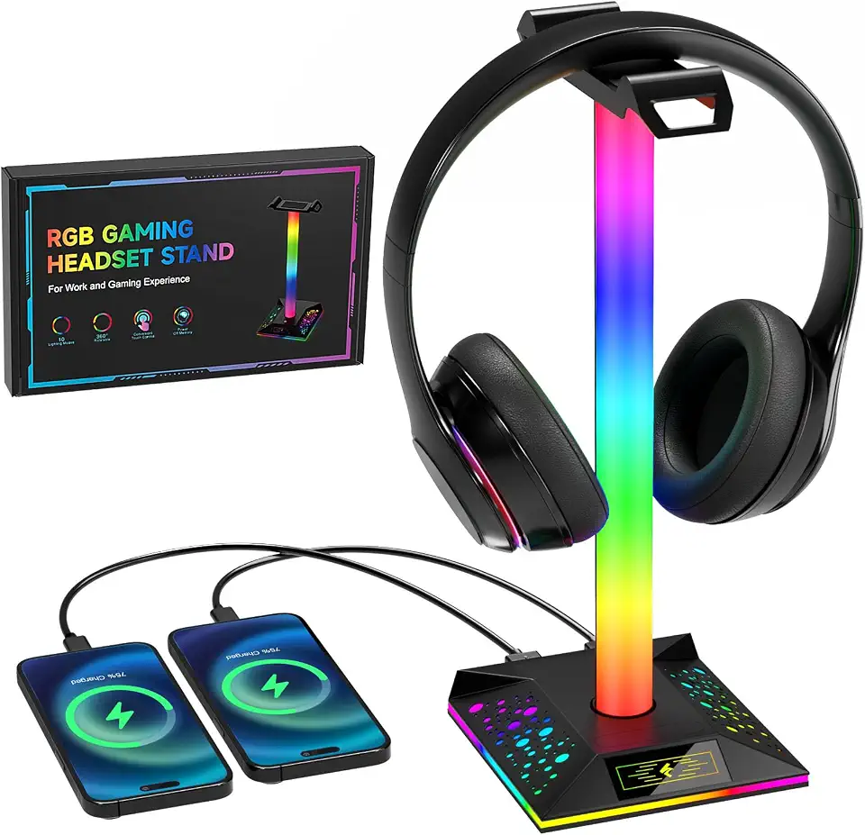 Hcman Suporte auriculares Gaming RGB com 2 portas USB, LED para capacetes Gaming - acessórios estáveis para PC Gamers, preto
