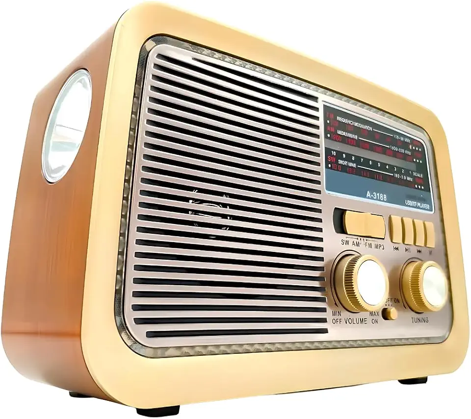 Rádio Retrô A-3188 com Bluetooth USB Cartão SD Auxiliar AM FM SW Bateria Recarregável e Lanterna Embutida Portátil (Marrom Claro)