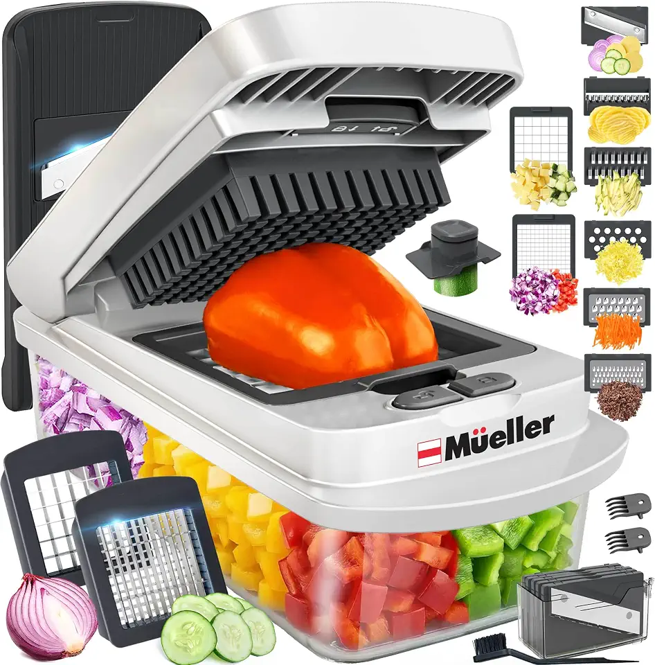 Mueller O verdadeiro cortador profissional original desde 2013 fatiador de legumes, fatiador mandolina, 8 lâminas, cortador de vegetais e cebola, com recipiente, utensílios de cozinha e itens