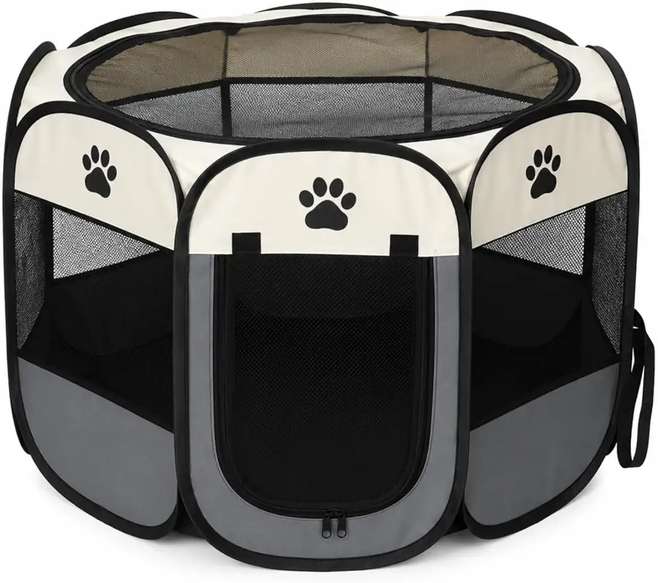 Cercado para Cachorros e Gatos Dobrável 114x114x58cm | Cercadinho Pet Portátil com Tela Respirável, Topo Removível e Porta com Zíper | Canil Desmontável para Filhotes e Viagens