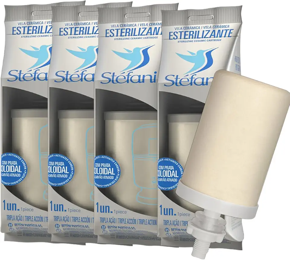 Kit 4 Velas Esterilizantes Stéfani Tripla Ação | Filtro de Barro e Purificador por Gravidade | Cerâmica Microporosa, Carvão Ativado e Prata Coloidal | Água Pura e Saudável