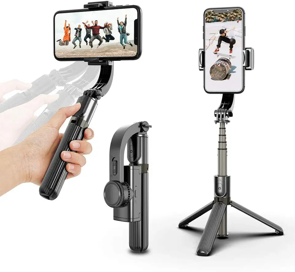 L08 Gimbal Estabilizador com anti-vibração e disparo estável com controle remoto multifuncional Rotação de 360° com tripé embutido (Preto)