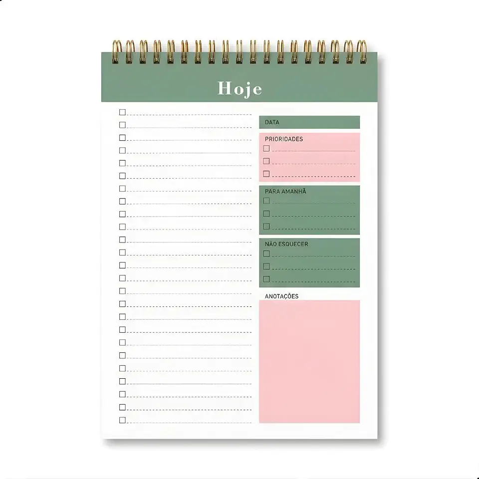 Planner Diário Vertical com Espiral – Bloco de Notas 50 Folhas com Checklist, Prioridades e Espaço para Anotações
