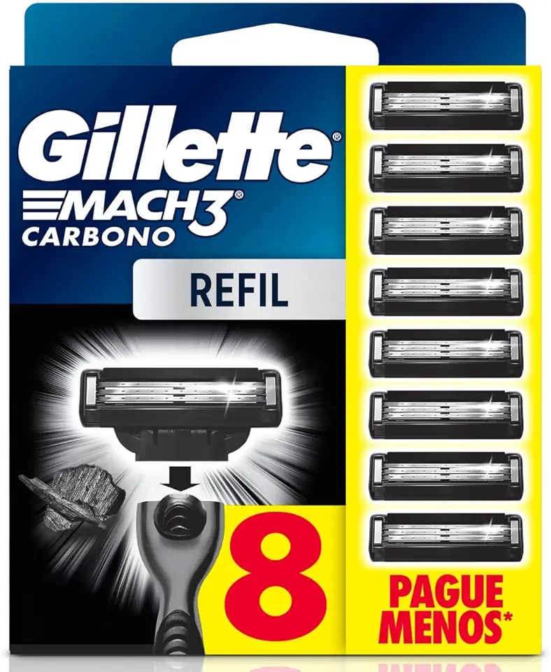 Refils Para Barbear Gillette Mach3 Carbono Carga para Aparelho de Barbear com Carvão Ativado 8 Uds